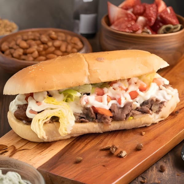 A large M&M Chicken & Fish sandwich with meat, lettuce, tomatoes, and white sauce on a wooden board.