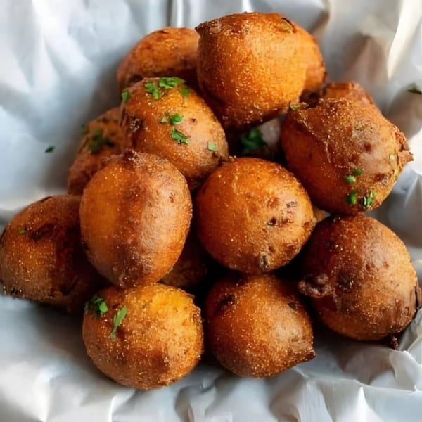 A close-up of golden-brown hush puppies, lightly dusted with seasoning and fresh parsley, in a white paper-lined basket.