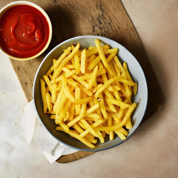 A bowl of golden, salted french fries next to a small bowl of red ketchup on a wooden board.
